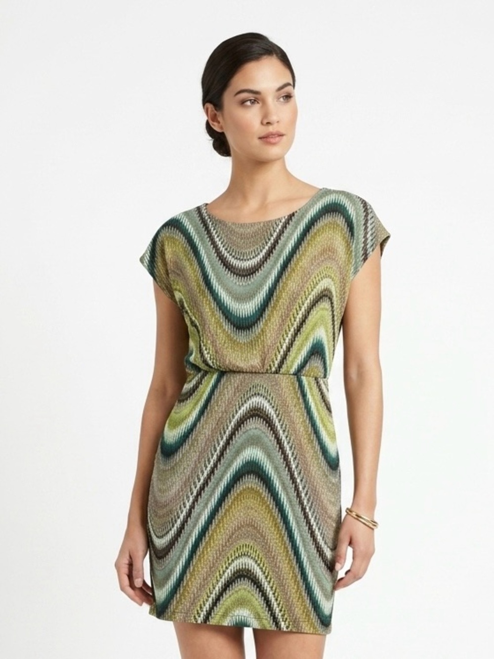 Dress Barn,  Green, Blue & Brown Wave-Print Short Dress - M